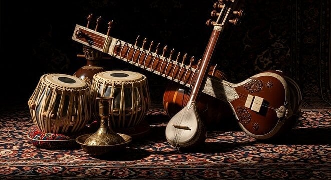 Traditional South Asian musical instruments including tabla drums, sitar and wooden stringed instruments arranged on patterned fabric